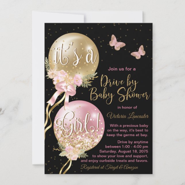 Pink Gold Balloons Schmetterlinge Covid Baby Dusch Einladung (Vorderseite)