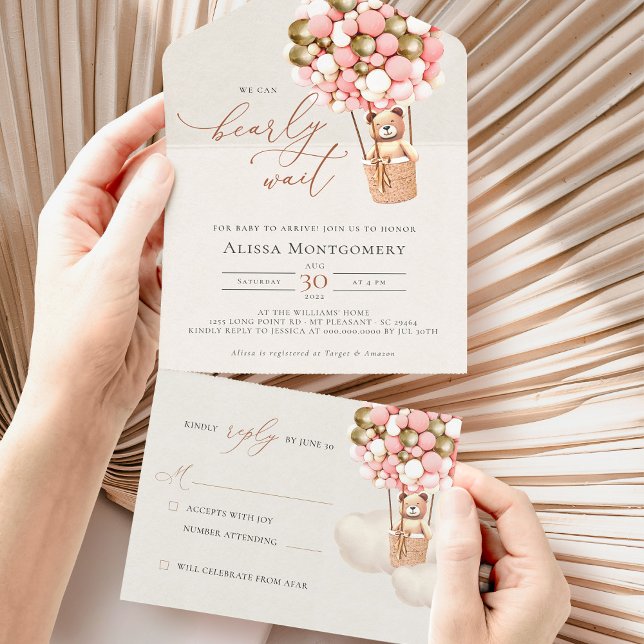 Pink Gold Bear Balloons Baby Shower Girl All In One Einladung (Von Creator hochgeladen)