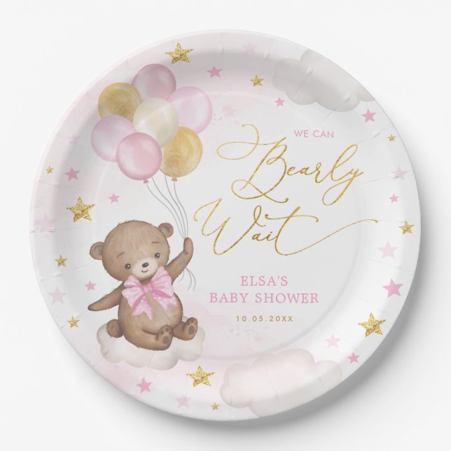 Pink Gold Bear mit Balloons Starry Sky Baby Girl Pappteller (Vorderseite)