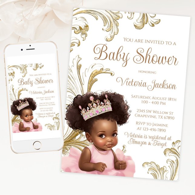 Pink Gold Black Baby Girl Dusche Einladung (Pink gold African princess baby shower invitation. Available for instant download and print.)