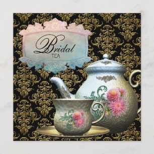 Pink Gold Black Damask Tea Cup Brautparty Einladung