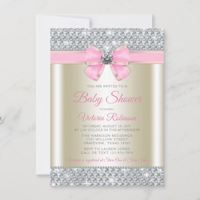 Pink Gold Bling Glam Baby Girl Dusche Einladung (Vorderseite)