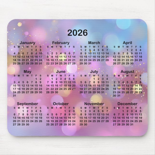 Pink Gold Blue Bokeh 2026 Calendar Mousepad (Vorne)