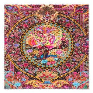 Pink Gold Blue Persian Floral Blumen Peacock Fotodruck