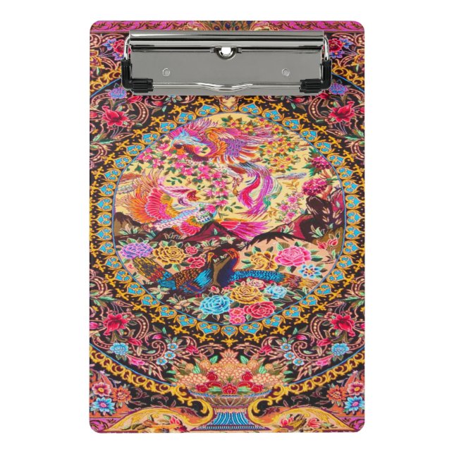 Pink Gold Blue Persian Floral Blumen Peacock Mini Klemmbrett (Vorderseite)