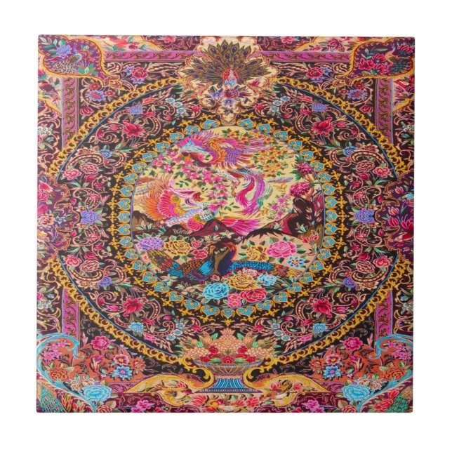 Pink Gold Blue Persian Floral Blumen Pfau Kunst Fliese (Vorderseite)