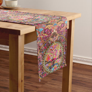 Pink Gold Blue Persian Floral Blumen Pfau Kunst Großer Tischläufer