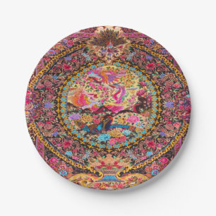 Pink Gold Blue Persian Floral Blumen Pfau Kunst Pappteller
