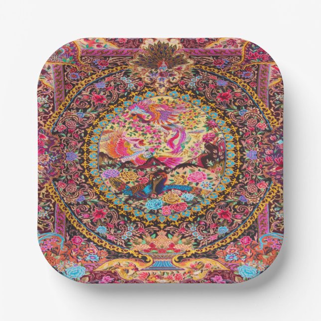 Pink Gold Blue Persian Floral Blumen Pfau Kunst Pappteller (Vorderseite)