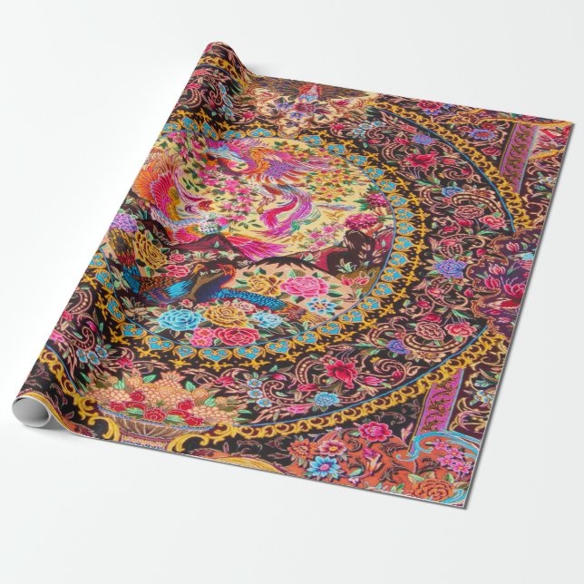 Pink Gold Blue Persian Floral Peacock Decoupage Geschenkpapier (Ungerollt)
