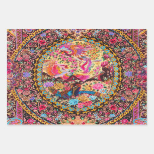 Pink Gold Blue Persian Floral Peacock Decoupage Geschenkpapier Set