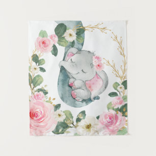 Pink Gold Blumengrün Elephant Baby Kinderzimmer Wandteppich
