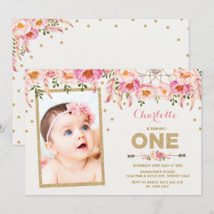 Pink Gold Boho Floral Erster Geburtstag Einladung