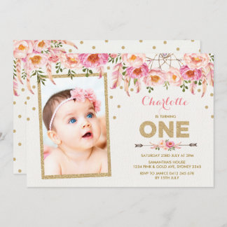 Pink Gold Boho Floral Erster Geburtstag Einladung