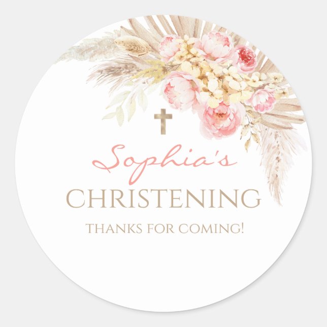 Pink Gold Boho Girl Christening Stickers (Vorderseite)