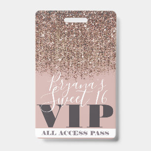 Pink Gold Bronze Glitzer Glam Sweet 16 VIP Pass Ausweis