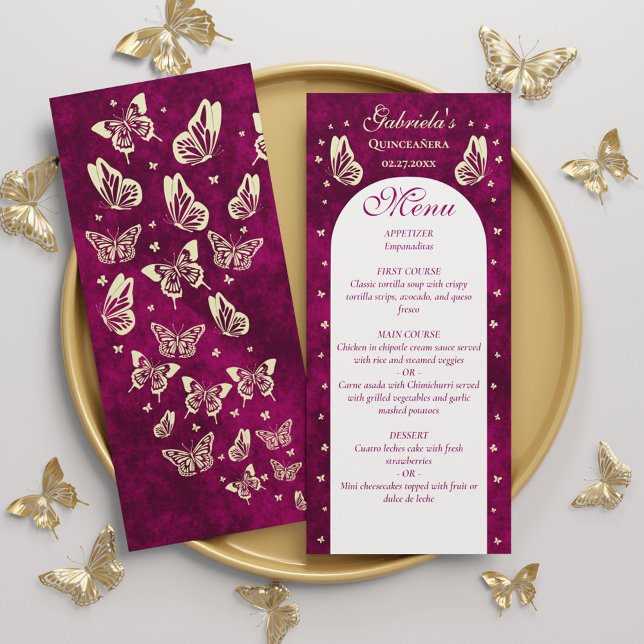 Pink Gold Butterfisch Quinceañera Girl Birthday Menükarte (Pink Gold Butterflies Quinceañera Girl Birthday Menu)