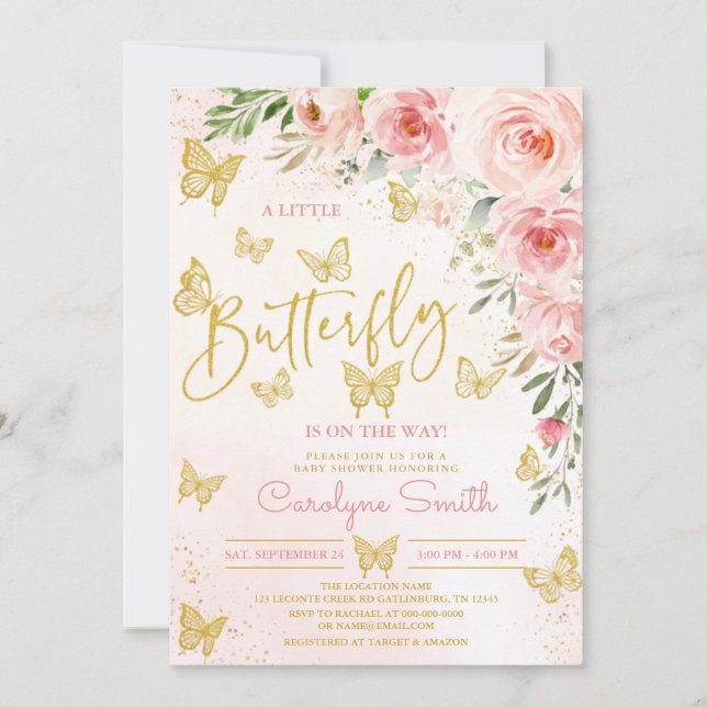 Pink Gold Butterfly Baby Dusche Einladung (Vorderseite)