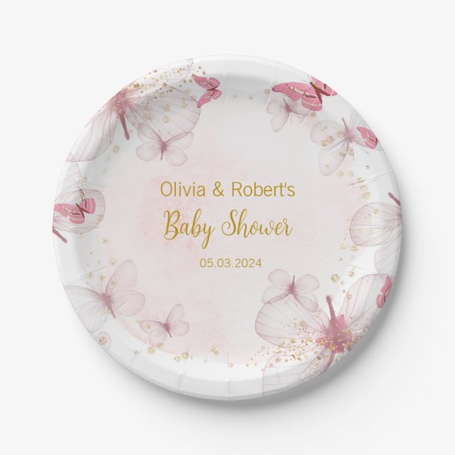 Pink Gold Butterfly Baby Dusche Pappteller (Vorderseite)