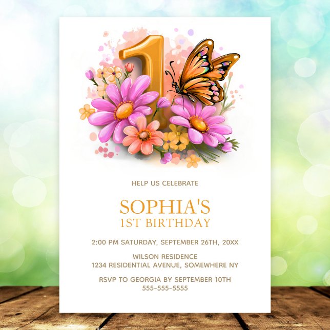 Pink Gold Butterfly Floral 1st Birthday Party Einladung (Von Creator hochgeladen)