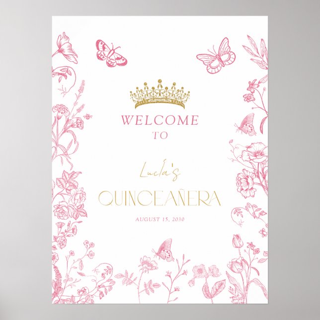Pink Gold Butterfly Quinceñera Willkommen Poster (Vorne)