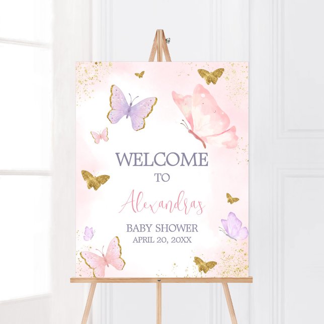 Pink Gold Butterfly Spring Willkommen Poster (Purple Gold Butterfly Baby Shower Welcome Sign)
