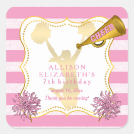 Pink | Gold Cheerleader Girl Birthday Party Quadratischer Aufkleber