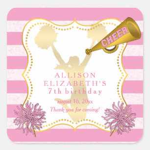 Pink   Gold Cheerleader Girl Birthday Party Quadratischer Aufkleber