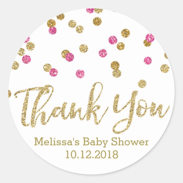 Pink Gold Confetti Baby Dusche Danke Sticker (Vorderseite)