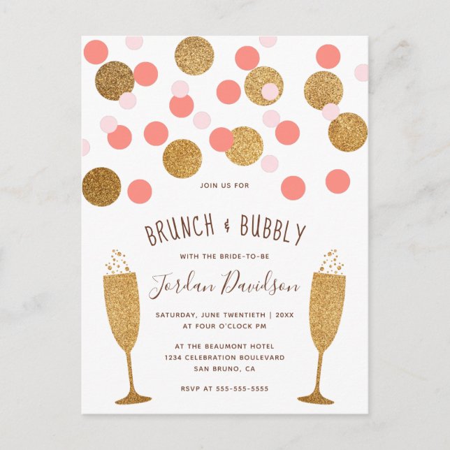 Pink & Gold Confetti Brunch & Bubbly Einladungen (Vorderseite)