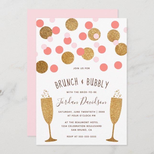 Pink & Gold Confetti Brunch & Bubbly Einladungen (Vorne/Hinten)