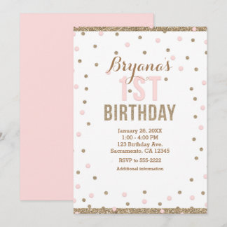 Pink & Gold Confetti Dots Girls 1. Geburtstag Part Einladung