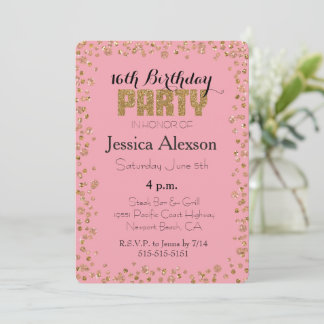 Pink Gold Confetti Glitzer 16. Geburtstag Einladung