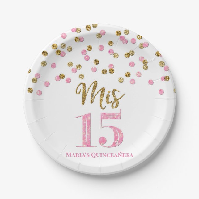 Pink Gold Confetti Mis 15 Quinceanera Pappteller (Vorderseite)