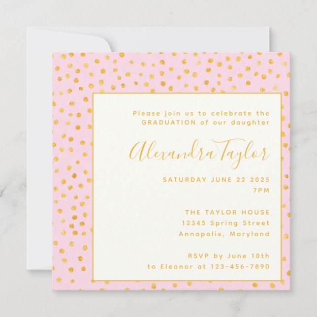 Pink Gold Confetti Polka Dots Graduation Party Einladung (Vorderseite)