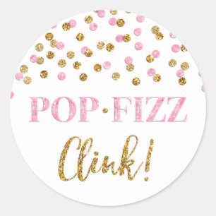 Pink Gold Confetti Pop Fizz Clink Brautparty Runder Aufkleber