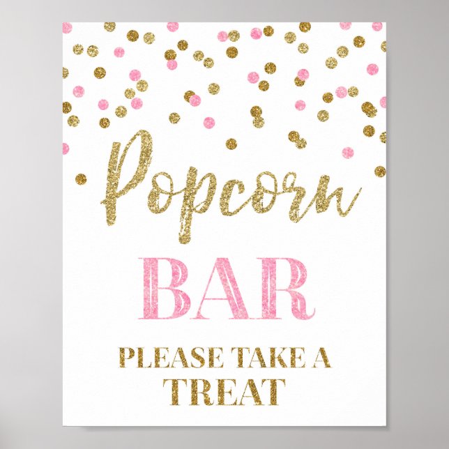 Pink Gold Confetti Popcorn Bar Sign Poster (Vorne)