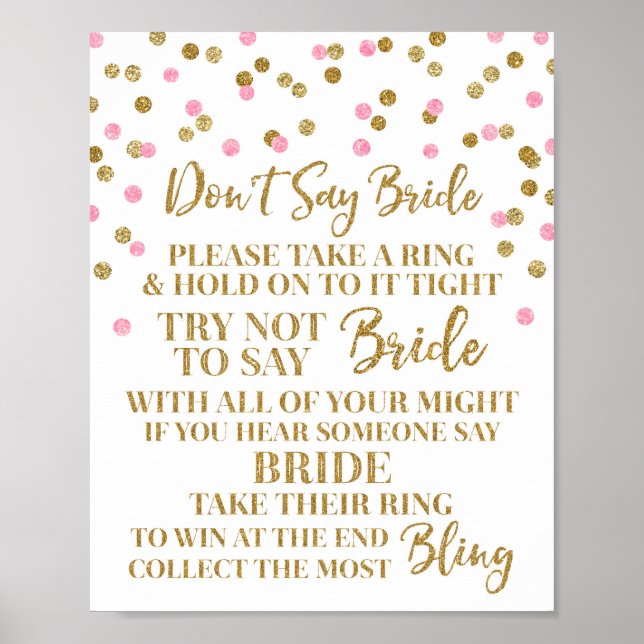 Pink Gold Confetti Sage nicht Bride Game Sign Poster (Vorne)