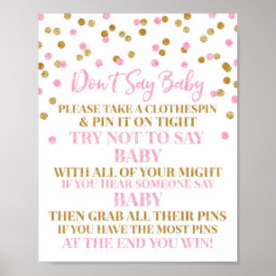 Pink Gold Confetti Say Baby Game Sign Poster