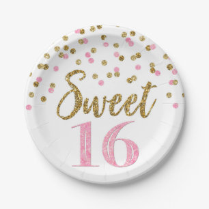 Pink Gold Confetti Sweet 16 Geburtstagsparty Pappteller