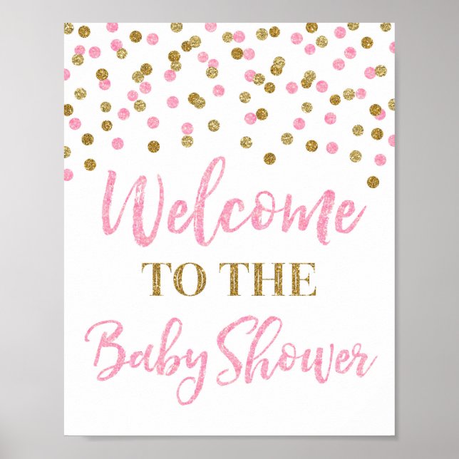 Pink Gold Confetti Willkommen im Baby Duschzeichen Poster (Vorne)