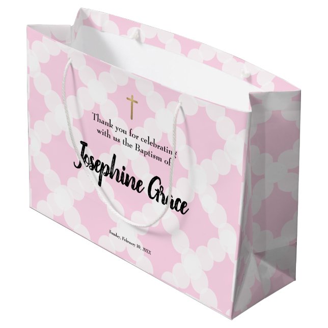 Pink Gold Cross Personalisiert Baby Girl Taufe Große Geschenktüte (Rückseite Schrägansicht)