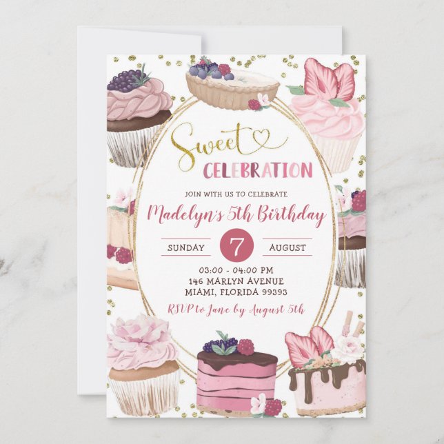 Pink Gold Cupcake Sweet Celebration Girl Birthday Einladung (Vorderseite)