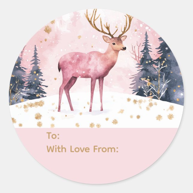 Pink & Gold Deer Personalized To and From Stickers (Vorderseite)