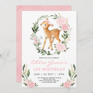 Pink Gold Deer Simple Green Forest Birthday Einladung