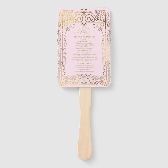 Pink Gold Deko Chic Glam Wedding Program Hand Fan Fächer (Vorderseite)