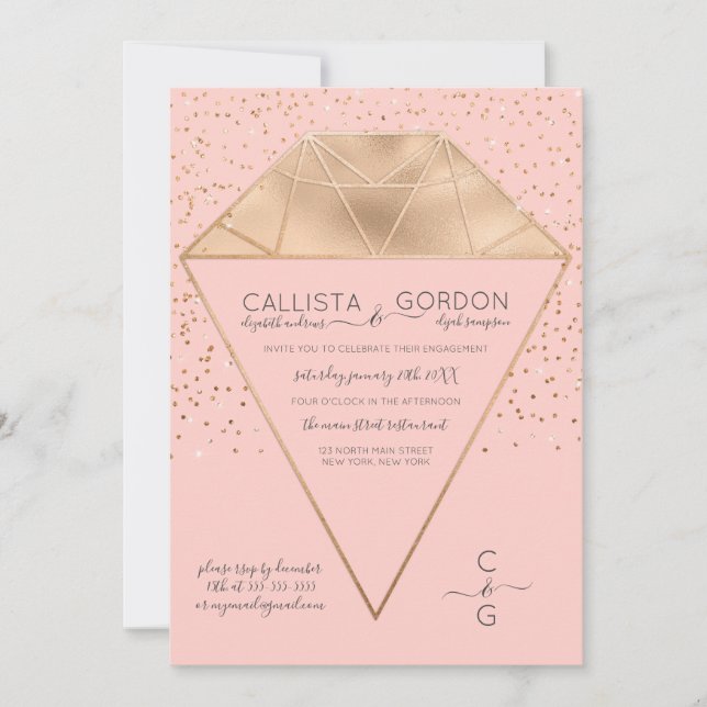 Pink Gold Diamond Confetti Glitzer Verlobung Einladung (Vorderseite)