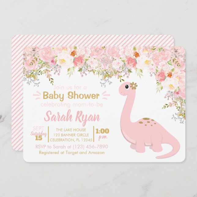 Pink & Gold Dinosaurier Floral Girl Babydusche Einladung (Vorne/Hinten)
