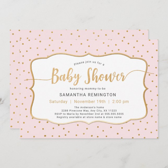 Pink Gold Dot Girl Babydusche Einladung (Vorne/Hinten)