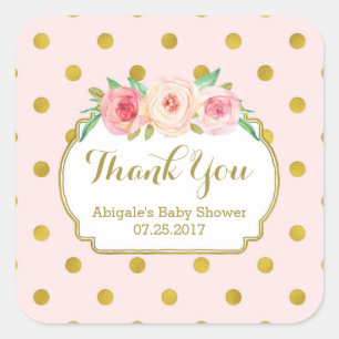 Pink Gold Dots Floral Baby Dusche Fevor Tags Quadratischer Aufkleber